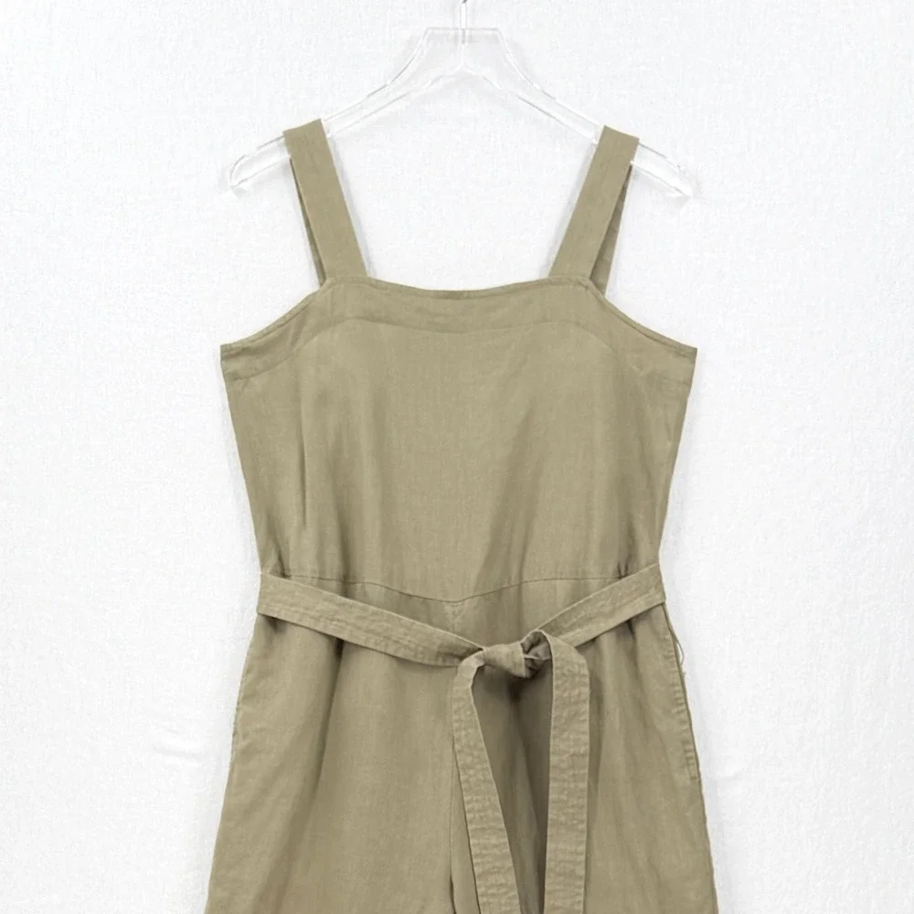 QUINCE Square Neck Linen Jumpsuit Women Medium Olive Green Belted Sleeveless
